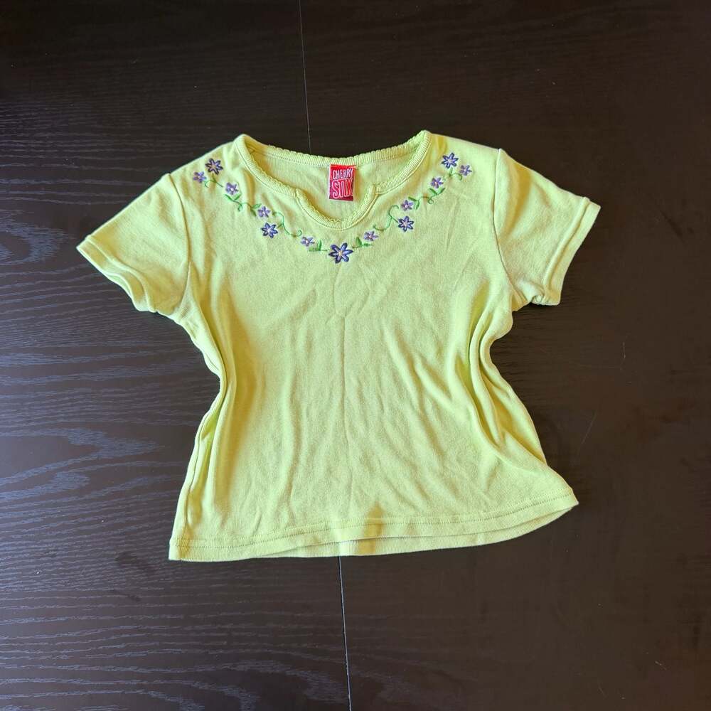Y2k Cherry Stix lime green short sleeve baby tee with floral embroidery
